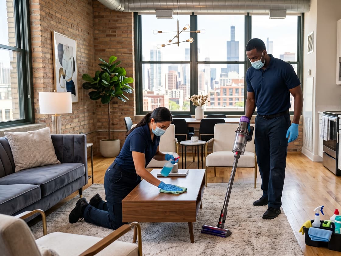 Wise Cleaning Services team preparing an Airbnb rental turnover in a modern South Florida loft