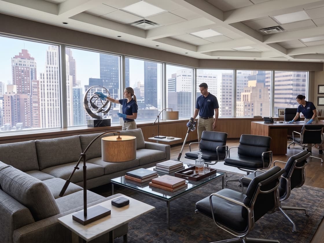 Wise Cleaning Services team providing commercial office cleaning with a Miami skyline view