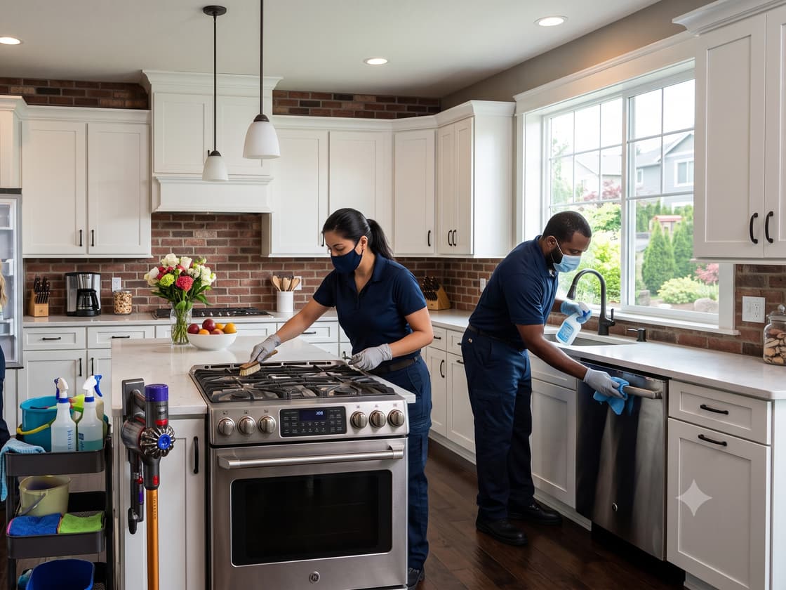 Wise Cleaning Services team deep cleaning a kitchen, stove, and cabinets for a move-in or move-out clean